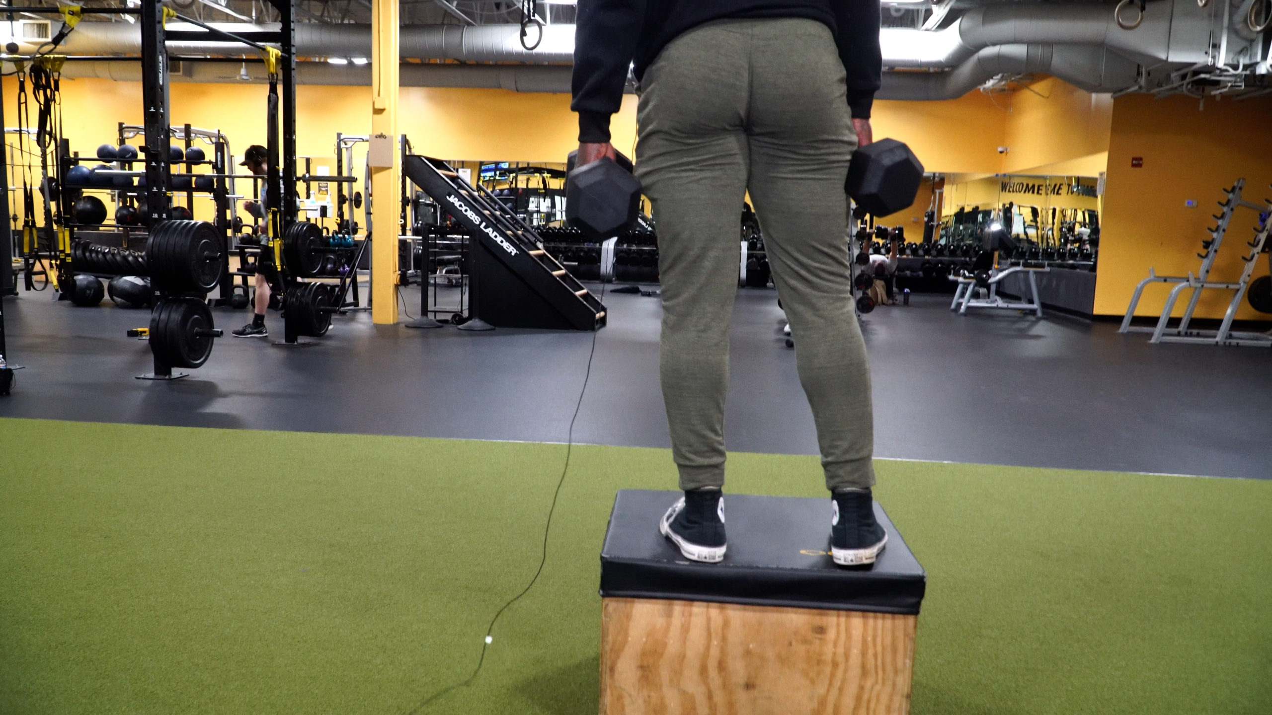 man holding dumbbell standing on box